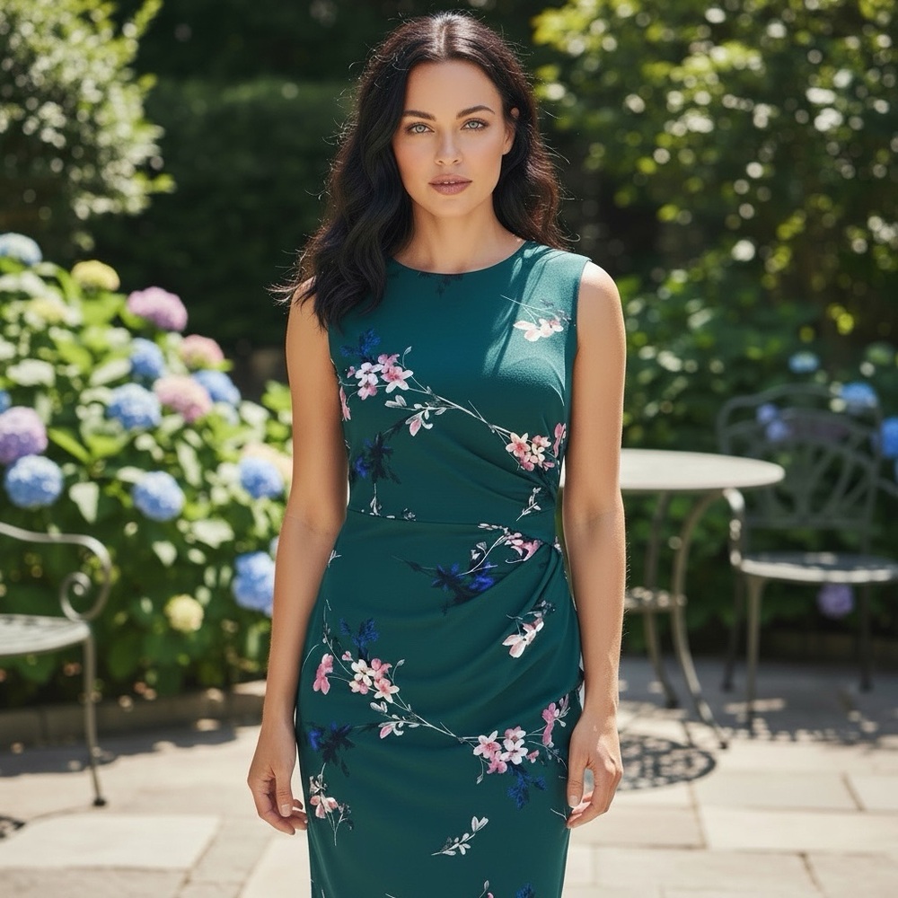 Eliza J Green Floral Asymmetric Sleeveless Sheath Dress Size 2